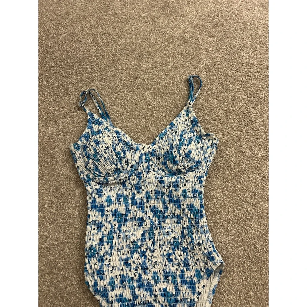 Vintage Smocked One Piece Swimsuit Womens Blue White Floral Excellent High Cut